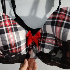 Cacique Red Plaid Black Lace Bra